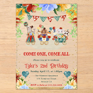 Invitations En Acrylique Fleurs Aquarelle Animaux de Cirque Anniversaire En