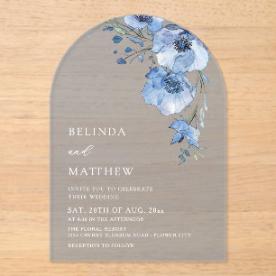 Invitations En Acrylique Fleurs aquarelle bleue Blanche