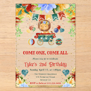 Invitations En Acrylique Fleurs Aquarelle Cirque Lion Enfants Anniversaire