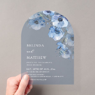 Invitations En Acrylique Fleurs Aquarelles Bleues Mariage Casual Transparen
