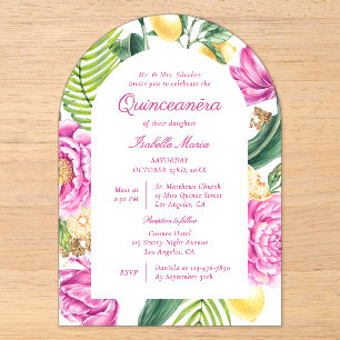 Invitations En Acrylique Fleurs aquarelles Pivoines Tulipes Citron Quinceañ