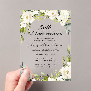 Invitations En Acrylique Fleurs blanches 50e anniversaire de mariage