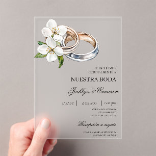 Invitations En Acrylique Fleurs blanches avec alliance Mariage espagnol