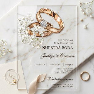 Invitations En Acrylique Fleurs blanches avec alliance Mariage Espagnol