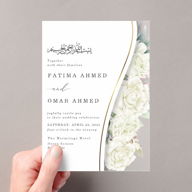 Invitations En Acrylique Fleurs blanches chic Feuillage Mariage musulman is (In situ (ordinateur de poche))