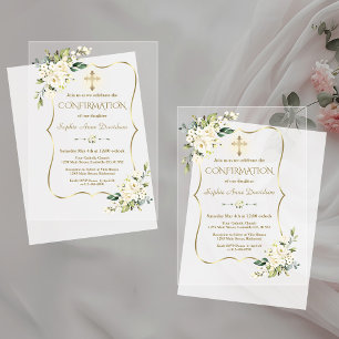 Invitations En Acrylique Fleurs blanches élégantes Croix dorée Confirmation