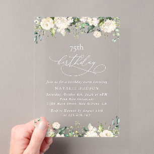 Invitations En Acrylique Fleurs blanches, Fleurs crème, Boho, Anniversaire
