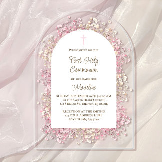 Invitations En Acrylique fleurs blanches roses aquarelle Première Communion