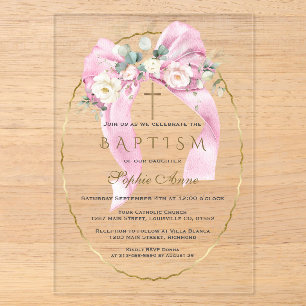 Invitations En Acrylique Fleurs blanches Ruban rose Fille Baptême Transpare
