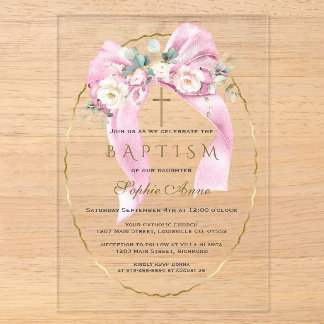 Invitations En Acrylique Fleurs blanches Ruban rose Fille Baptême Transpare