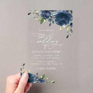 Invitations En Acrylique Fleurs Bleu Marine, Verdure, Bohème, Mariage Flora
