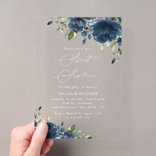 Invitations En Acrylique Fleurs Bleu Marine, Verdure, Boho, Sweet 16