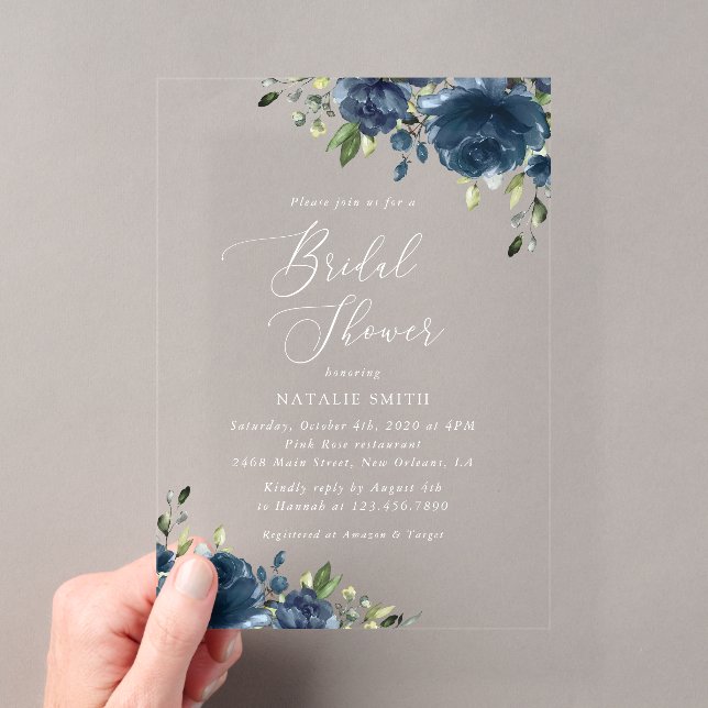 Invitations En Acrylique Fleurs bleues de la Marine, Verdure, Boho, Fête de (In situ (ordinateur de poche))