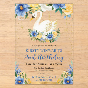 Invitations En Acrylique Fleurs bleues et jaunes aquarelle Cygne Anniversai