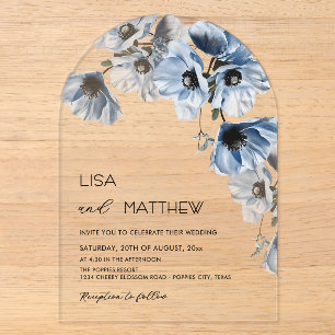 Invitations En Acrylique Fleurs Bleues Mariage Blanc Clair Décontracté