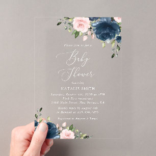 Invitations En Acrylique Fleurs Bleues Marine, Fleurs Roses, Baby shower