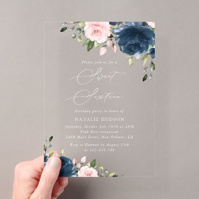 Invitations En Acrylique Fleurs Bleues Marine, Fleurs Roses, Boho, Sweet 16 (In situ (ordinateur de poche))