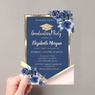 Invitations En Acrylique Fleurs Bleues Paillettes Or Rose Diplôme