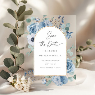 Invitations En Acrylique Fleurs bleues poussiéreuses arche dorée Save the d