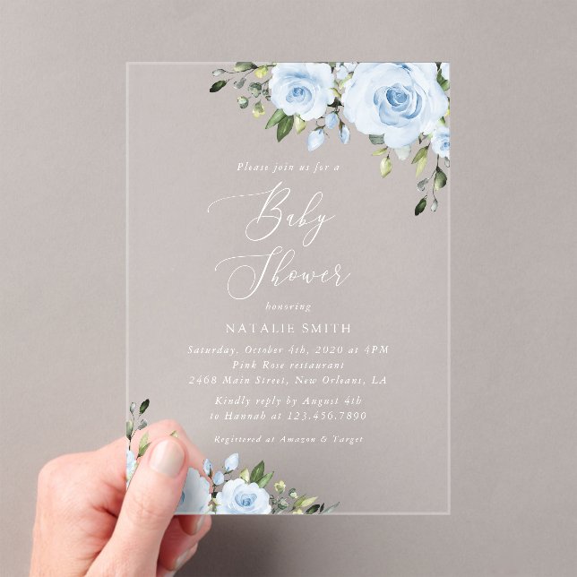 Invitations En Acrylique Fleurs bleues poussiéreuses, Verdure, Boho, Baby s (In situ (ordinateur de poche))