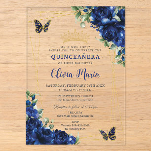 Invitations En Acrylique Fleurs bleues royales Floral Quinceañera Papillons