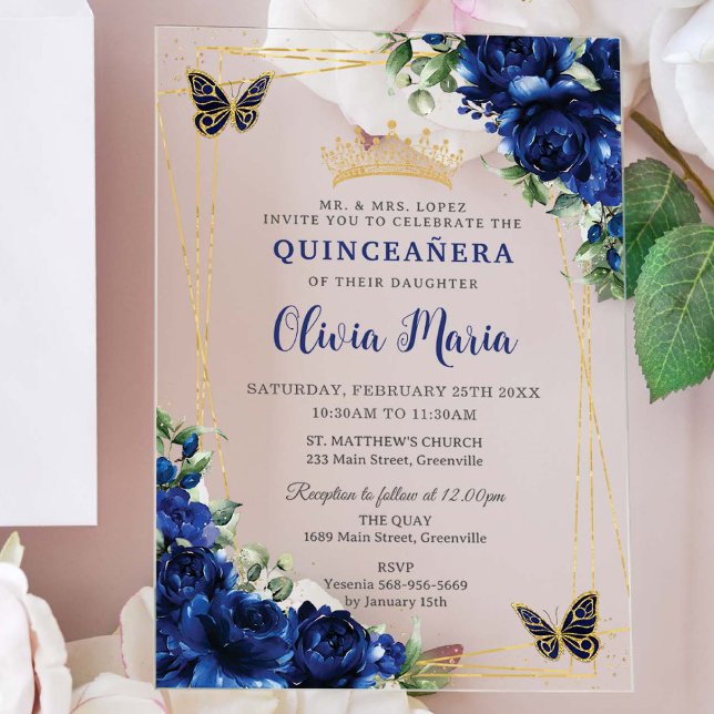 Invitations En Acrylique Fleurs bleues royales Floral Quinceañera Papillons (Créateur téléchargé)