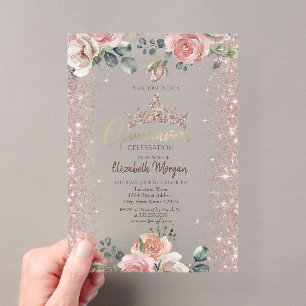 Invitations En Acrylique Fleurs Blush Diamants Rose Gold Quinceanera