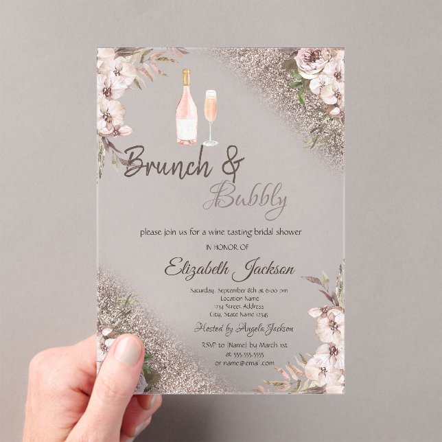 Invitations En Acrylique Fleurs Boho Rose Gold Glitter  Brunch & Bubbly  (In situ (ordinateur de poche))