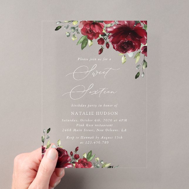 Invitations En Acrylique Fleurs Bourgogne, Fleurs rouges, Verdure, Doux 16 (In situ (ordinateur de poche))