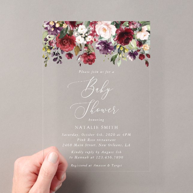 Invitations En Acrylique Fleurs Bourgognes, Fleurs Roses, Boho, Baby shower (In situ (ordinateur de poche))