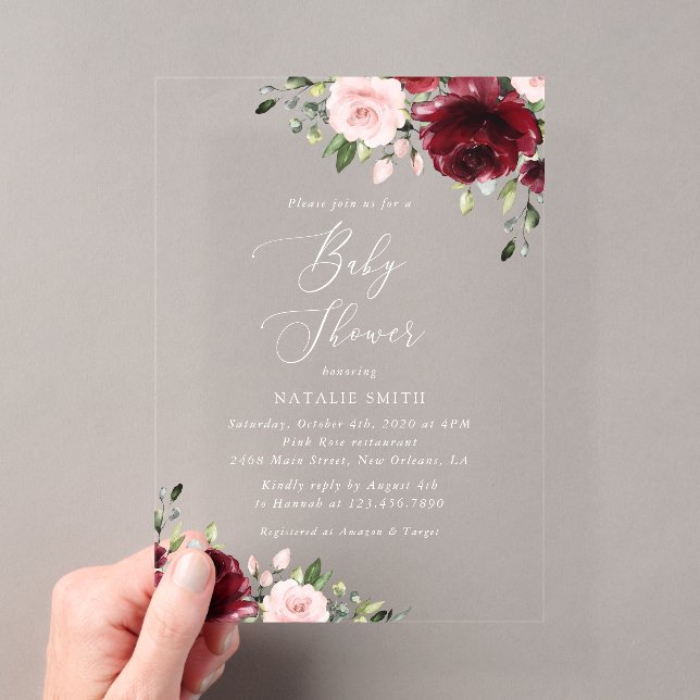 Invitations En Acrylique Fleurs Bourgognes, Fleurs Roses, Boho, Baby shower (In situ (ordinateur de poche))