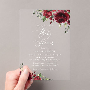 Invitations En Acrylique Fleurs Bourgognes, Fleurs Rouges, Boho, Baby showe