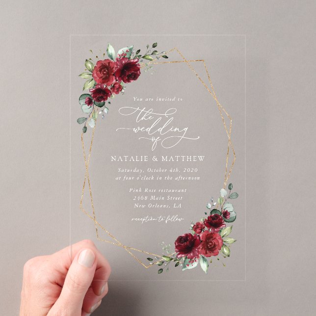 Invitations En Acrylique Fleurs Bourgognes, Fleurs rouges, Mariage Floral (In situ (ordinateur de poche))