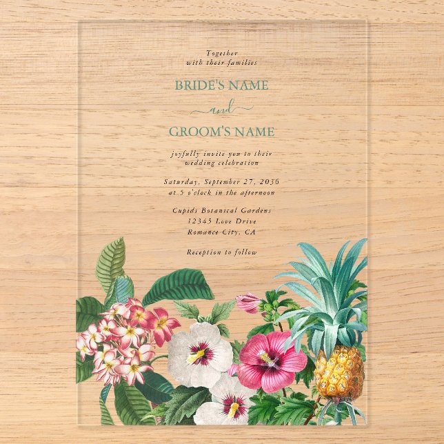 Invitations En Acrylique Fleurs d'aquarelle tropicale et Mariage de verdure (Recto)