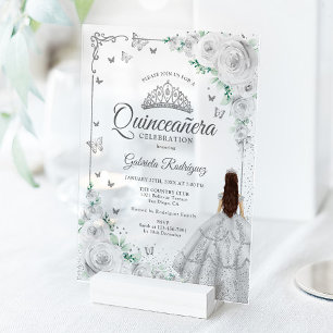 Invitations En Acrylique Fleurs d'argent Roses aquarelles Quinceanera