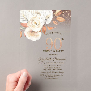 Invitations En Acrylique Fleurs d'automne Lumières Paillettes 90e Anniversa