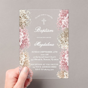 Invitations En Acrylique Fleurs de Gypsophile Baptême de bébé fille