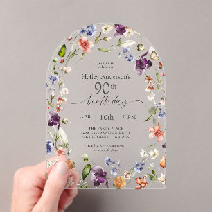 Invitations En Acrylique Fleurs de jardin Script botanique 90e anniversaire