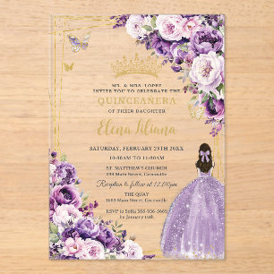 Invitations En Acrylique Fleurs de Lilas Violet pour Quinceanera 15 ans Swe