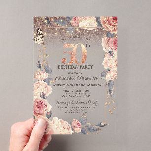 Invitations En Acrylique Fleurs de Luxe,Papillon,Lumières 50e Anniversaire