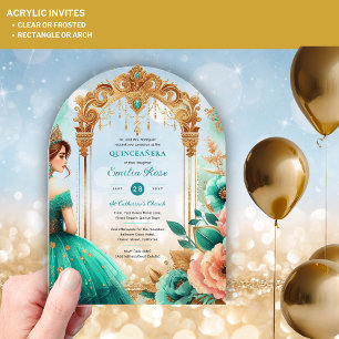 Invitations En Acrylique Fleurs de mes quince turquoise vert or