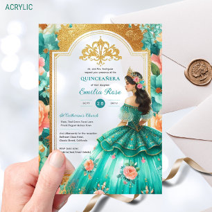 Invitations En Acrylique Fleurs de Mis Quince Teal Vert Or Quinceañera