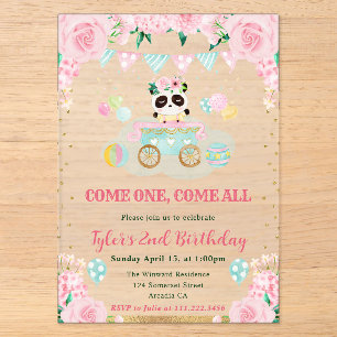 Invitations En Acrylique Fleurs de panda rose aquarelle pour l'anniversaire