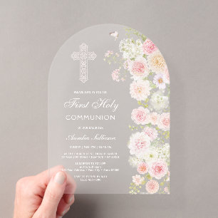Invitations En Acrylique Fleurs de Pêcher Rose Arch Première Communion