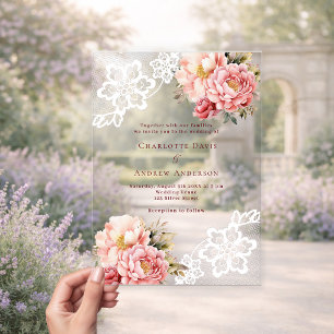 Invitations En Acrylique Fleurs de pêcher rose dentelle mariage