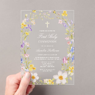 Invitations En Acrylique Fleurs de prairie Cadre Première communion