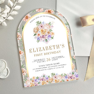 Invitations En Acrylique Fleurs de printemps à l'aquarelle Arche dorée Prem
