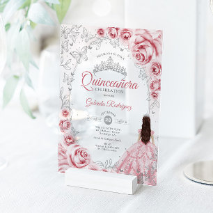 Invitations En Acrylique Fleurs de Quinceanera argent rose