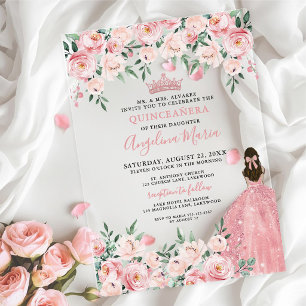 Invitations En Acrylique Fleurs de Quinceanera rose tendre