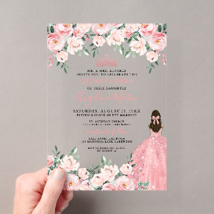 Invitations En Acrylique Fleurs de Quinceanera rose tendre